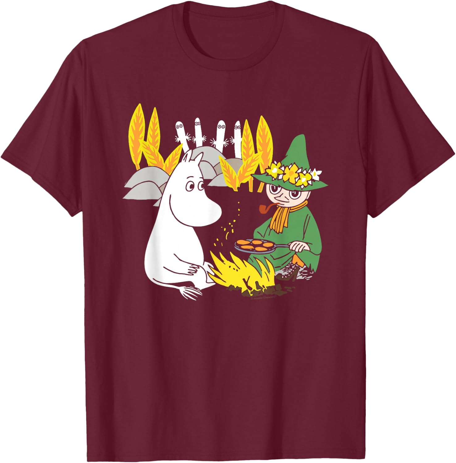 Moomin Moomintroll & Snuffkin Campfire Scary Hattifatteners , black T-Shirt - T-Shirt | Maroon