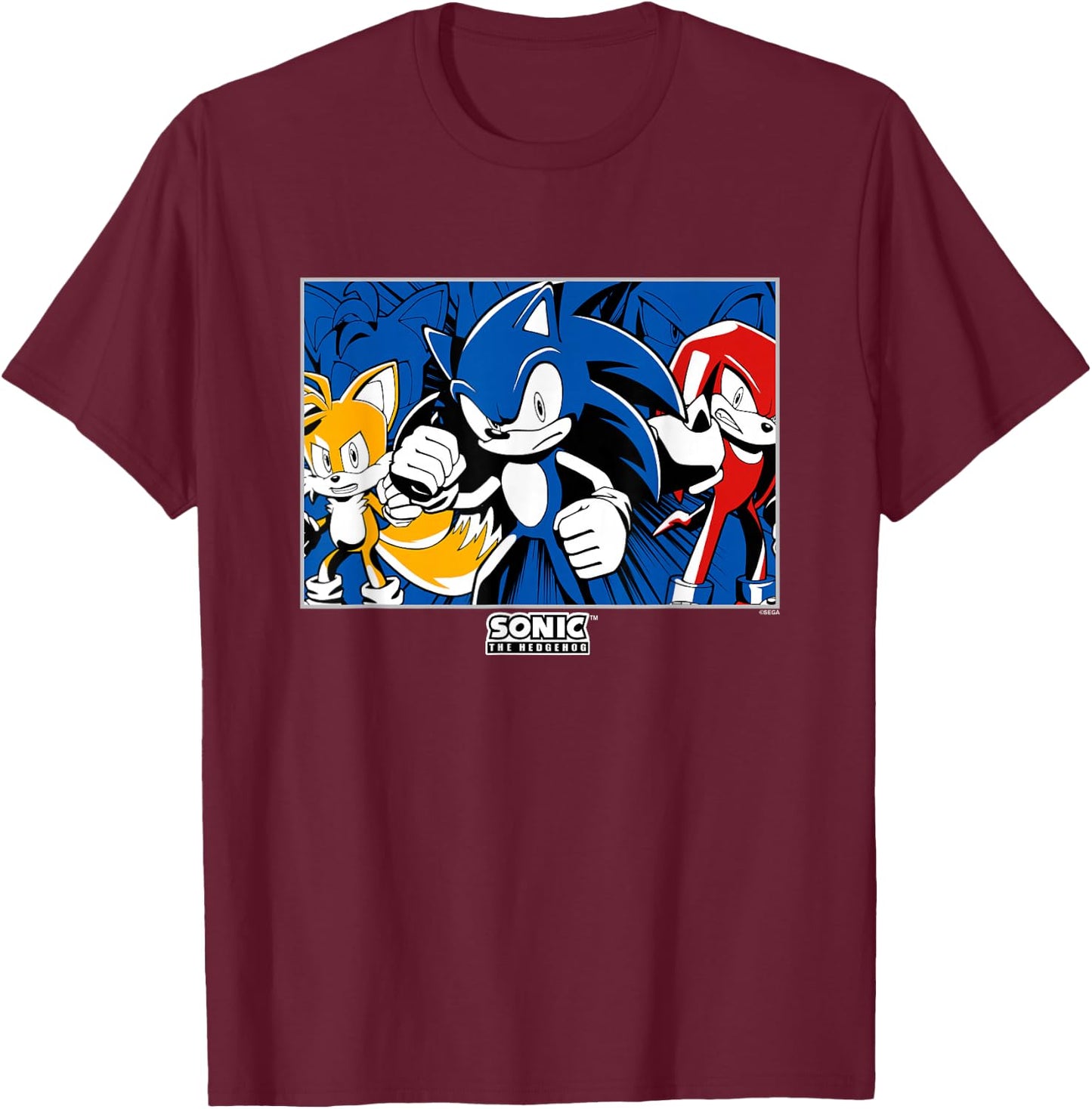 Sonic The Hedgehog Sonic Tails & Knuckles Epic Retro Panel T-Shirt - T-Shirt | Maroon