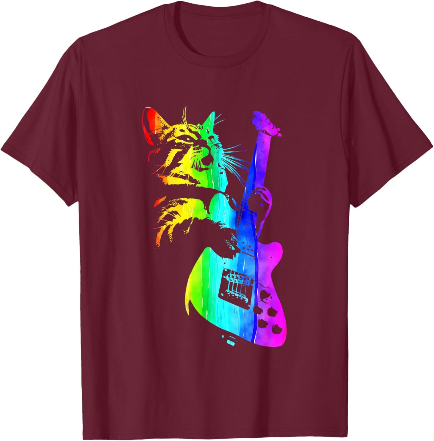 Funny HOUSE CAT Rainbow DJ Cat Kitty Rock Cat Playing Guitar T-Shirt - T-Shirt | Maroon