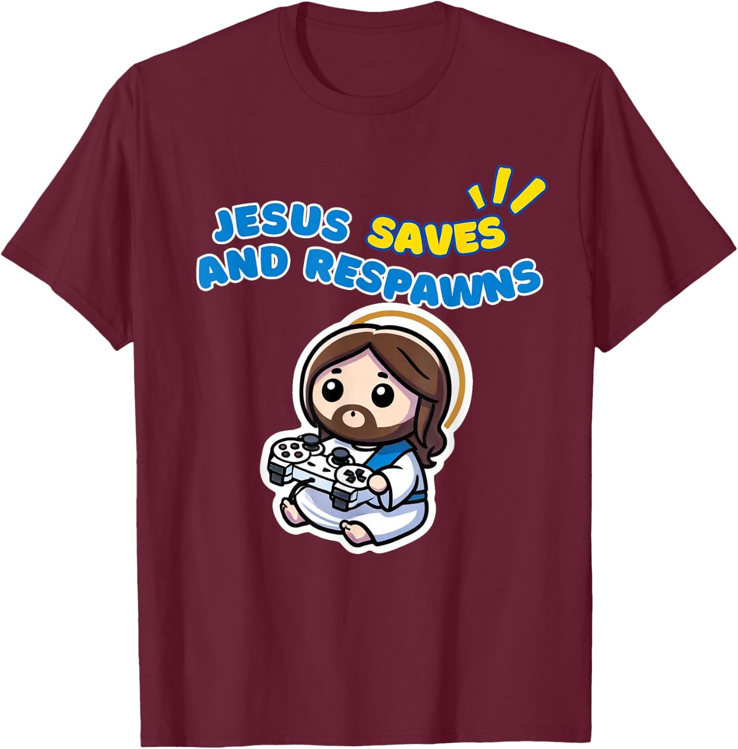 Jesus Respawns Chibi Kawaii Christian Gamer T-Shirt - T-Shirt | Maroon