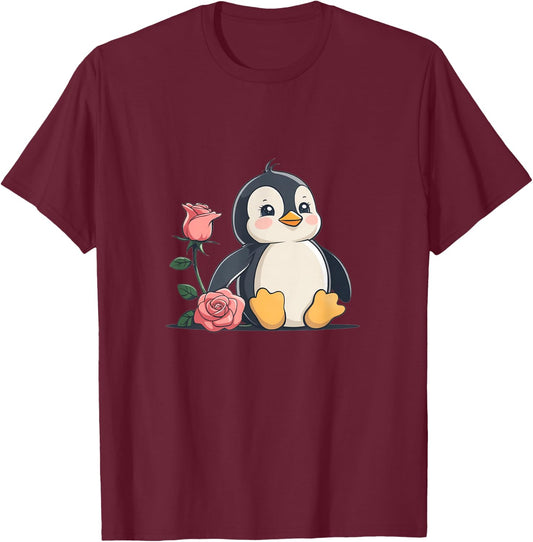 Cute Penguin with Rose Animal Illustration T-Shirt - T-Shirt | Maroon