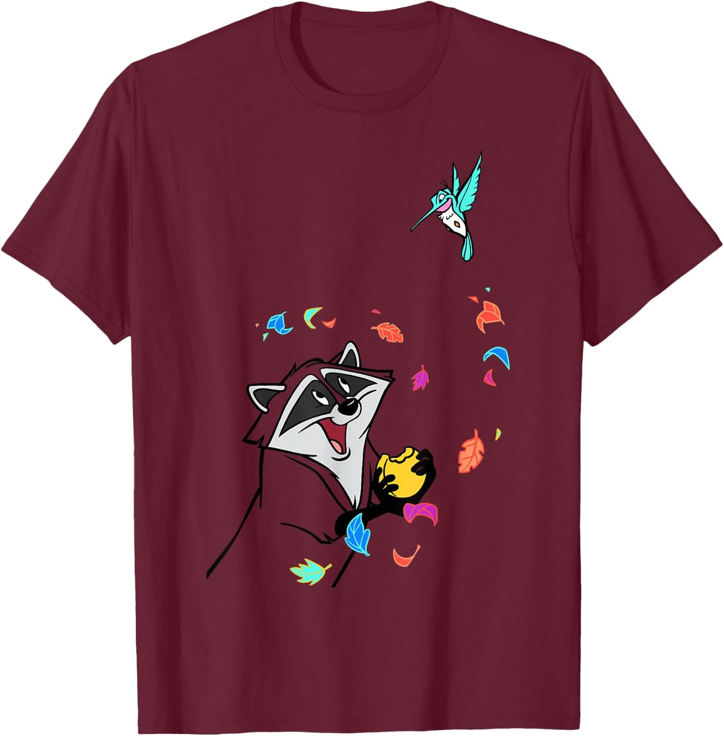 Disney Pocahontas Meeko Flit Colorful Leafs Fall T-Shirt - T-Shirt | Maroon