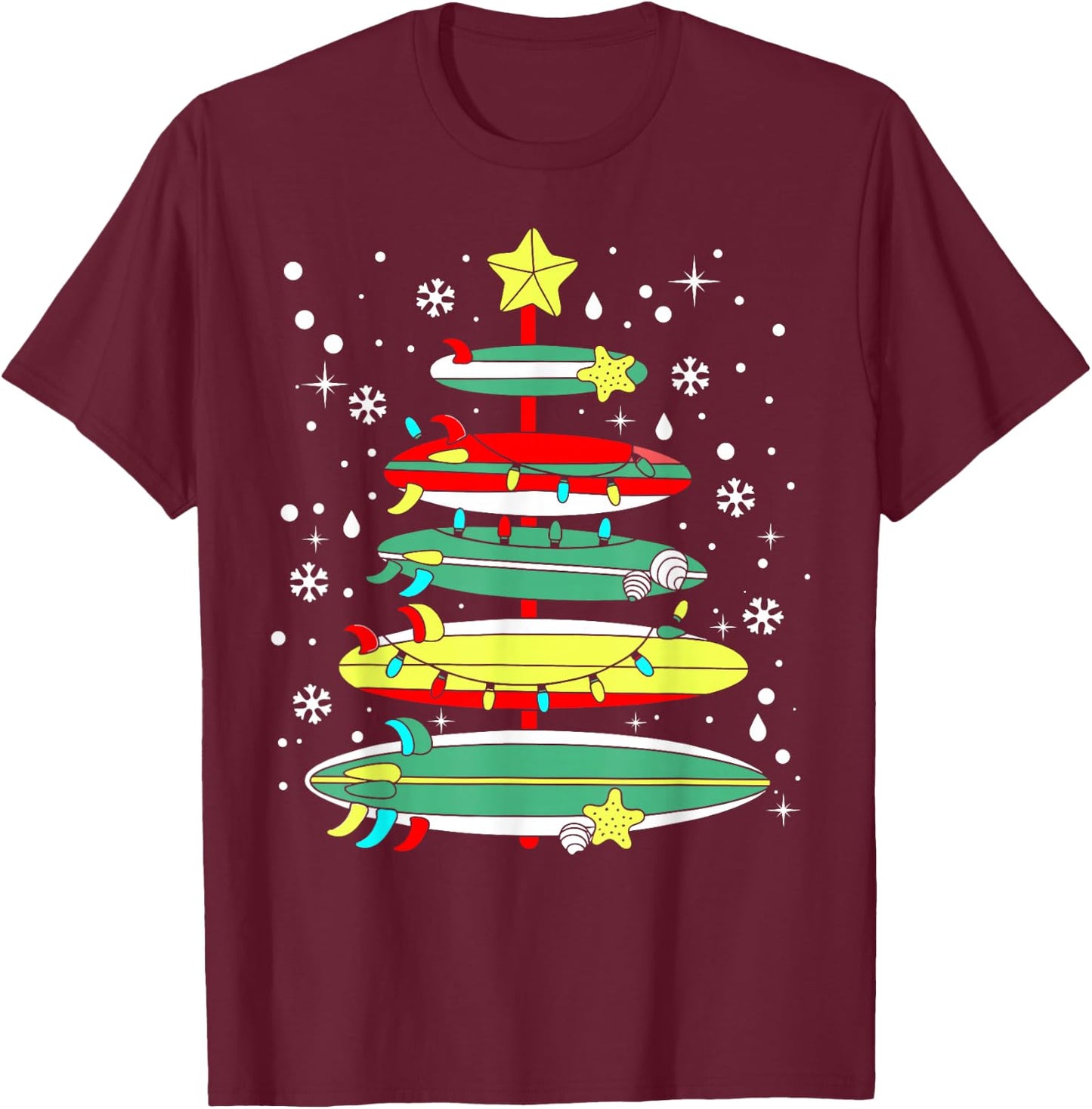 Surf Funny Surfboard Xmas Lights Surfing Christmas Tree T-Shirt - T-Shirt | Maroon