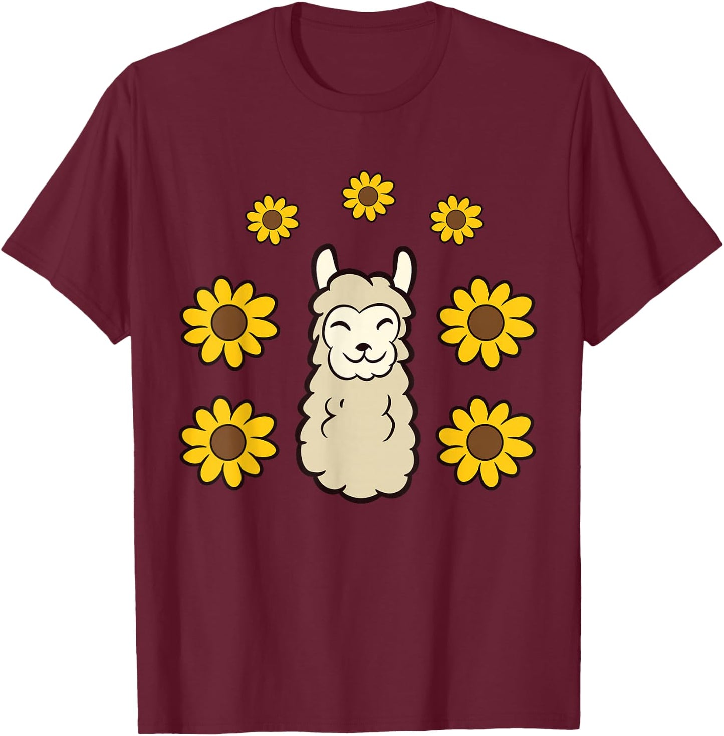 Cute Llama Summer Sunflower Kawaii Llama T-Shirt - T-Shirt | Maroon