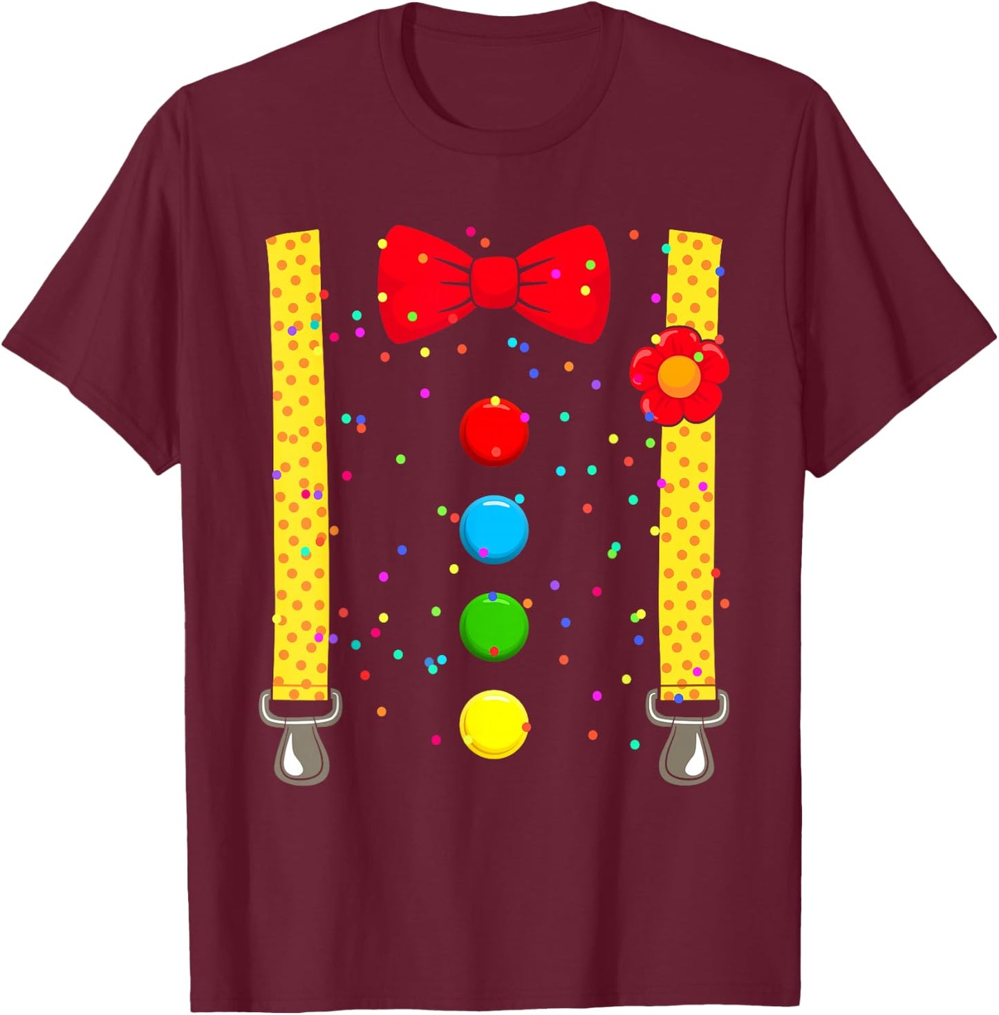 Clown Costume with Braces Confetti for Carnival Fancy Dress , black T-Shirt - T-Shirt | Maroon