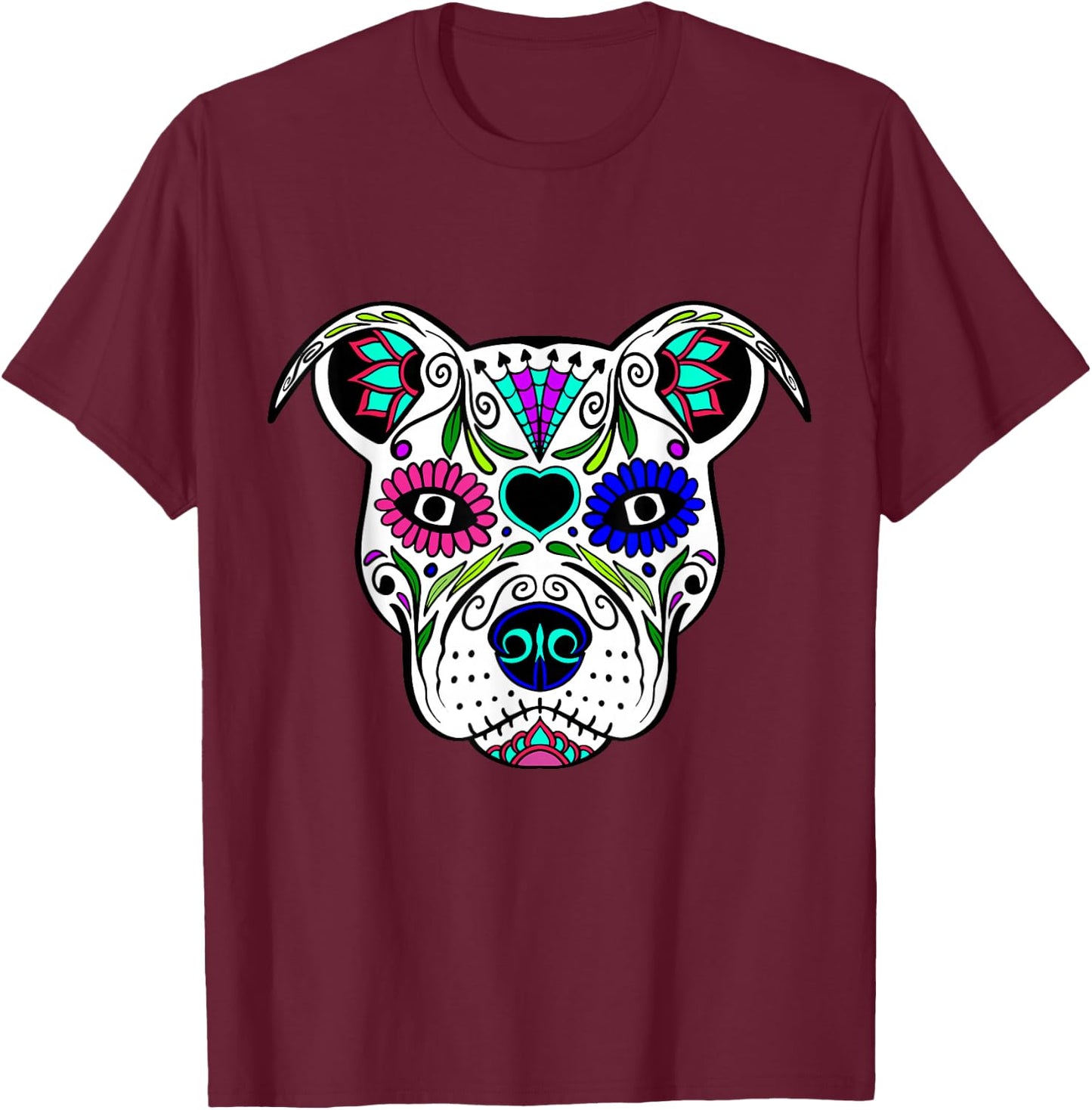 Day Of The Dead Pit Bull Mom Dog Rescue Sugar Skull Shirt Women Girls Kids T-Shirt - T-Shirt | Maroon