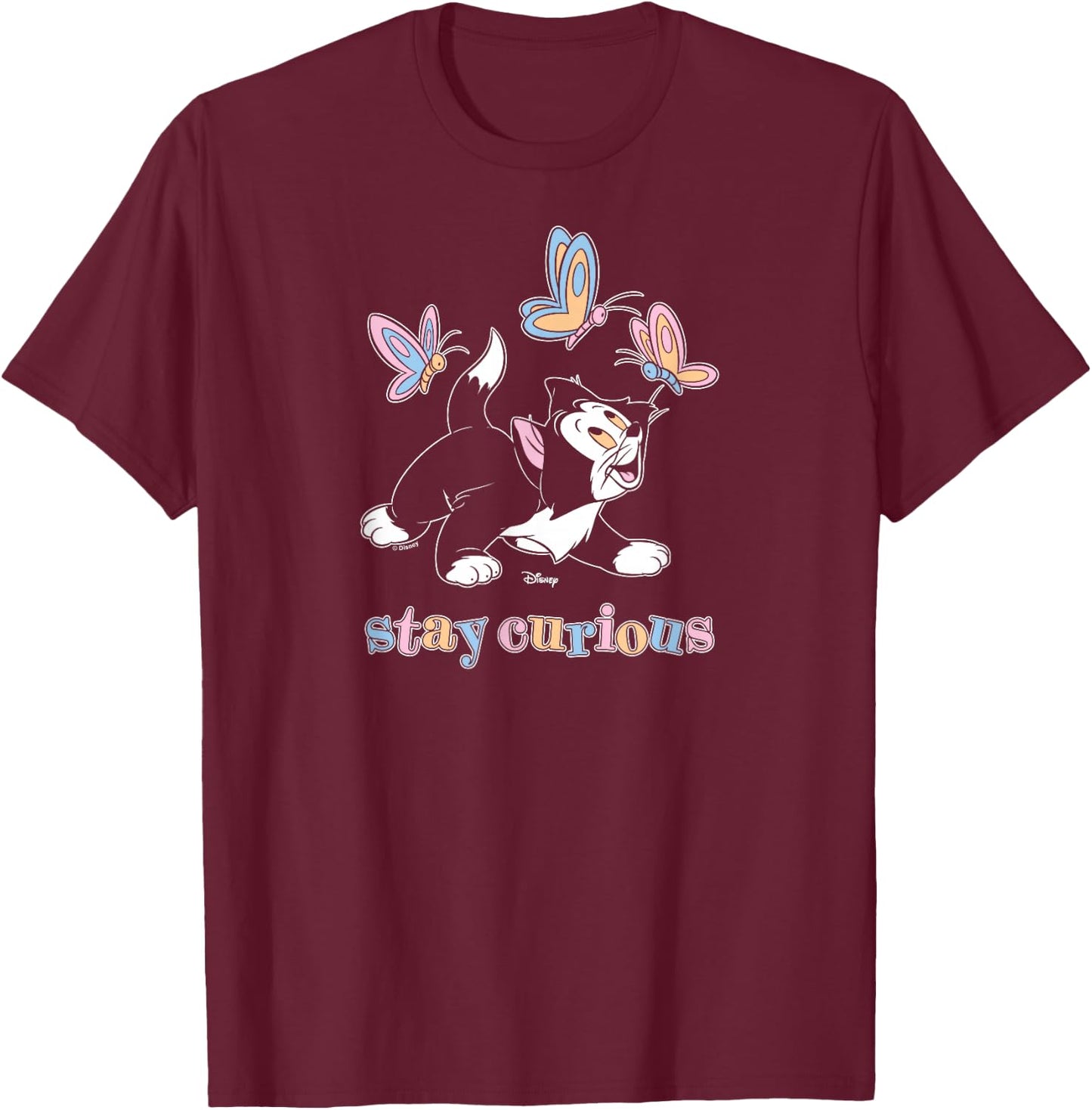 Figaro - Pinocchio Cat Stay Curious Butterflies T-Shirt - T-Shirt | Maroon