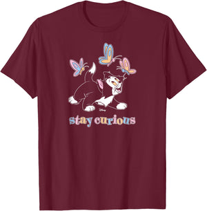 Figaro - Pinocchio Cat Stay Curious Butterflies T-Shirt - T-Shirt | Maroon