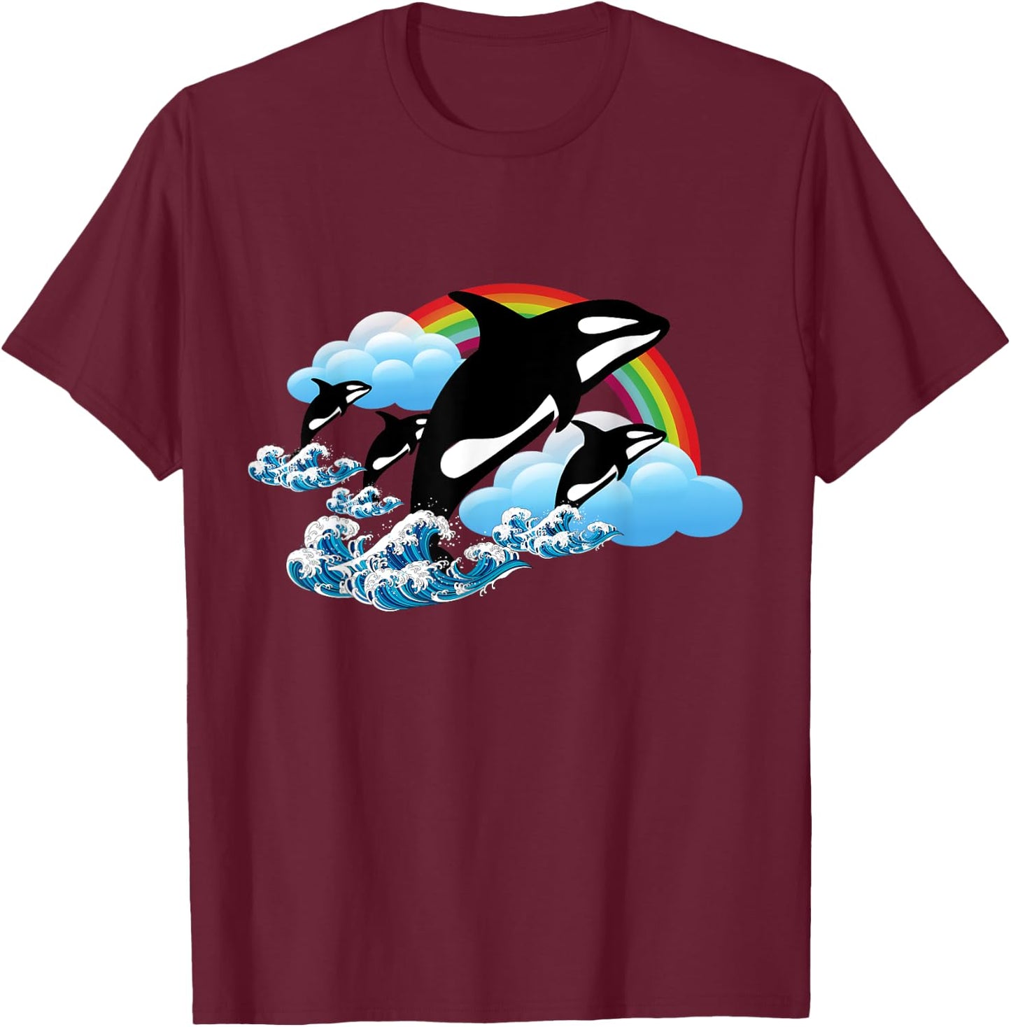 Killer Orca Whale Family Jumping Over Rainbow - Funny T-Shirt - T-Shirt | Maroon