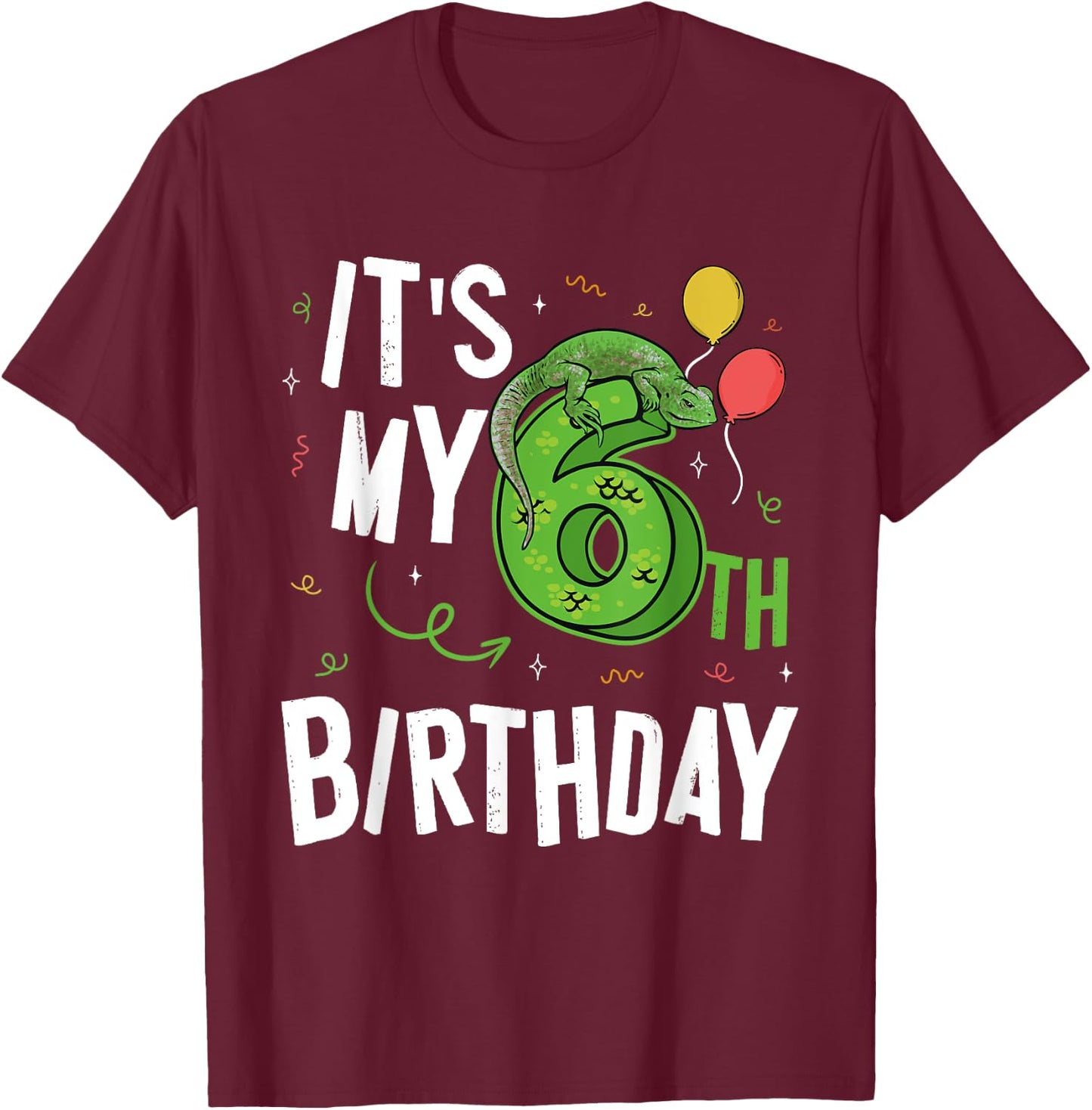 Kids 6 Years Old Reptile Lizard Themed It's My 6th Birthday T-Shirt - T-Shirt | Maroon