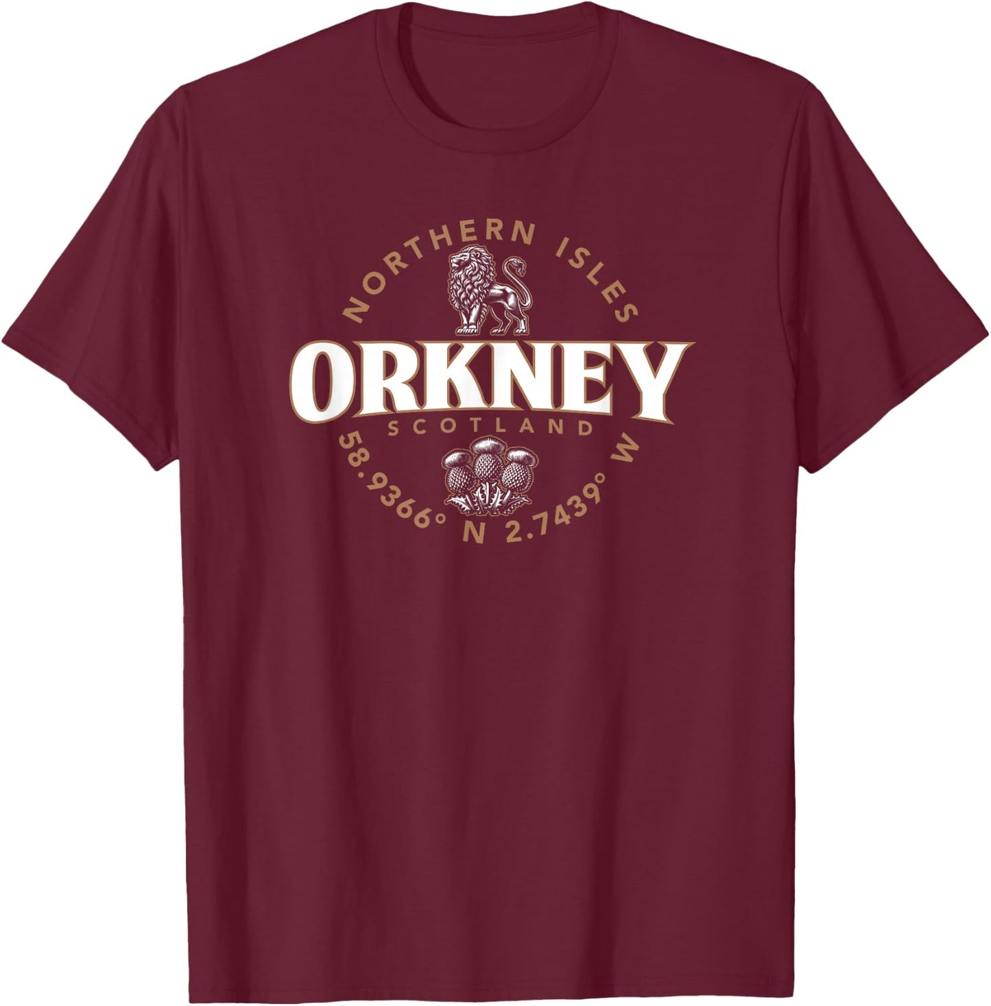 Orkney Scotland Northern Isles Coordinates Label 2C , Small, Black T-Shirt - T-Shirt | Maroon