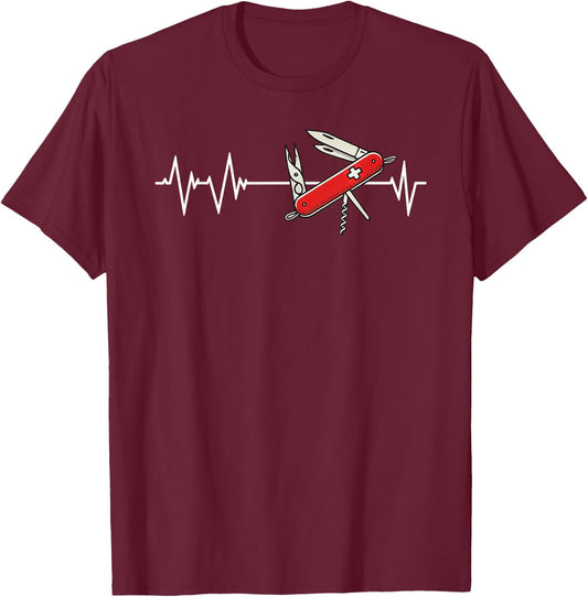 Military Knife Heartbeat Wear Switzerland Sackmesser , Black, S T-Shirt - T-Shirt | Maroon