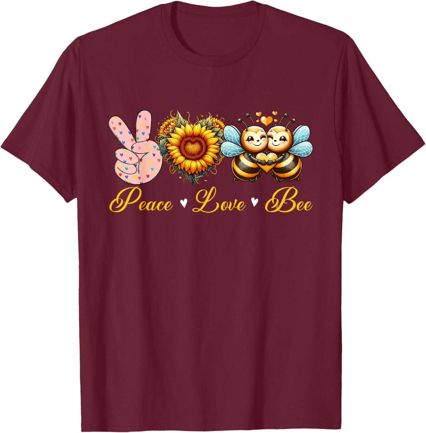 Peace Love Bee Insects Sunflowers Peace Hand Sign Heart T-Shirt - T-Shirt | Maroon
