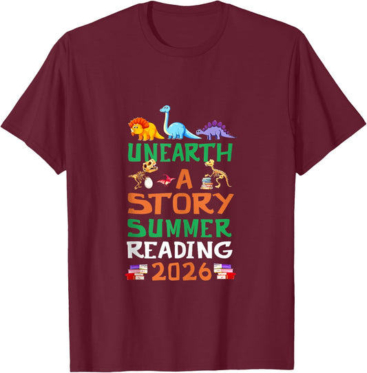 Unearth A Story Summer Reading Program 2026 Dinosaur Book T-Shirt - T-Shirt | Maroon
