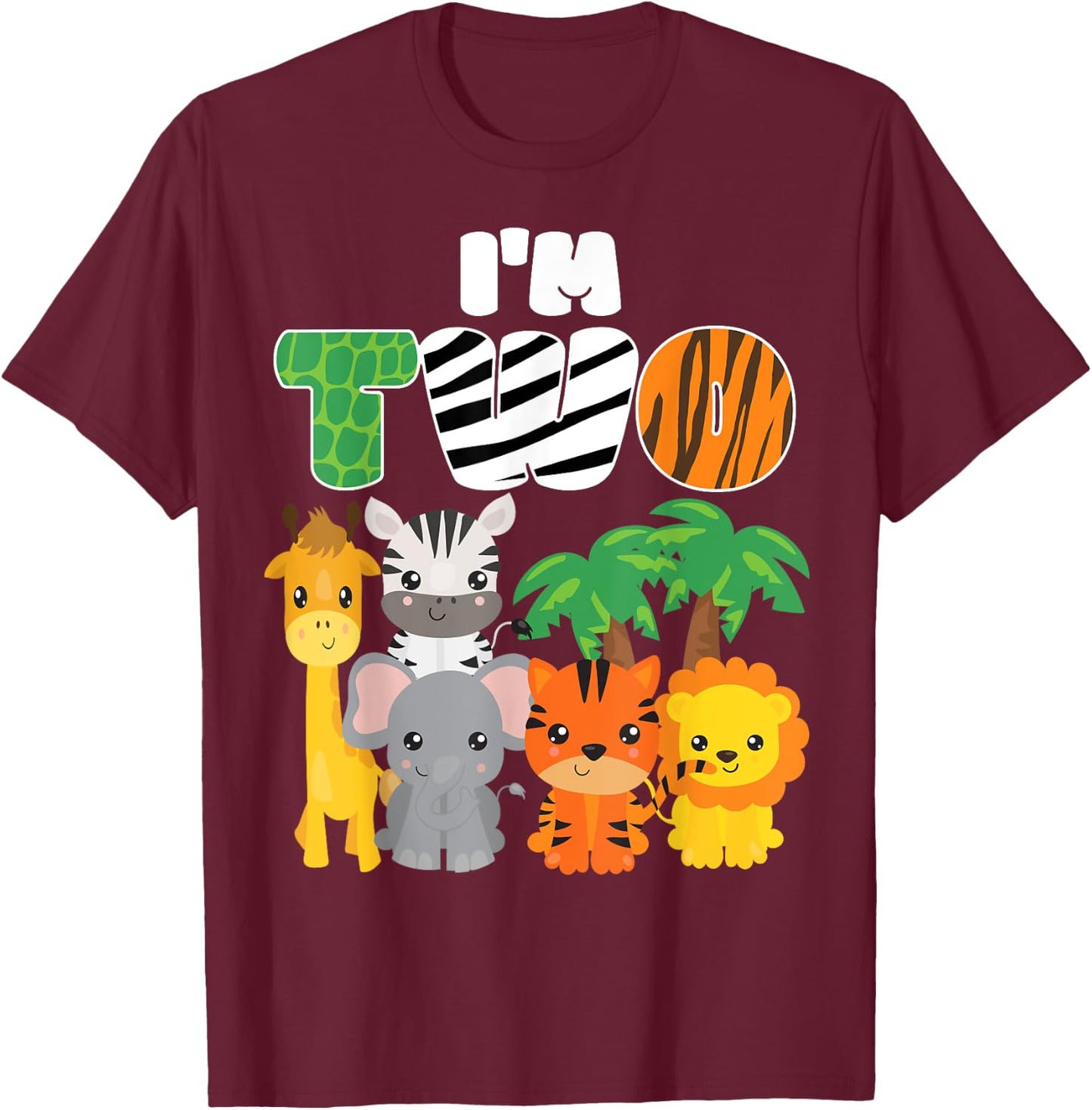 I'm Two Zoo Theme 2nd Birthday Shirt Safari Jungle Animal T-Shirt - T-Shirt | Maroon