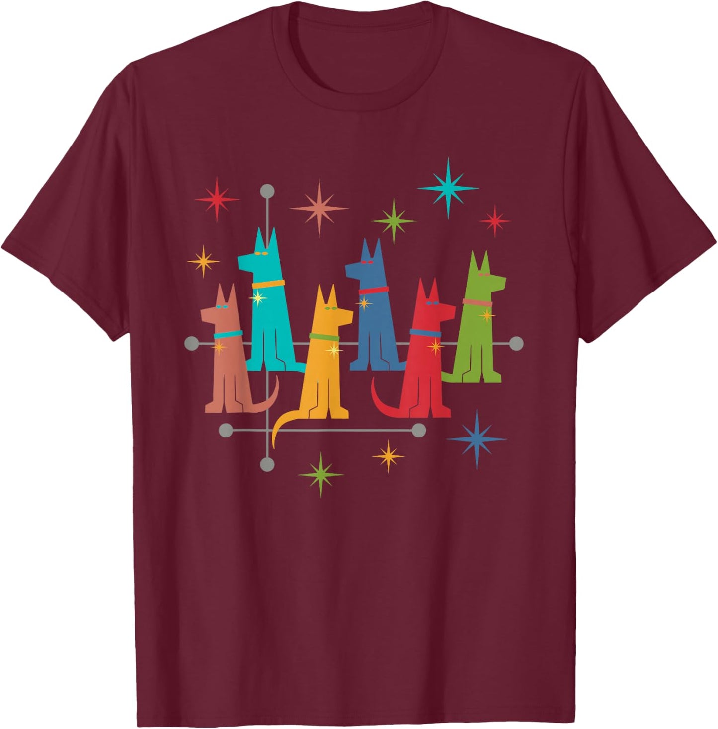 Vintage Retro Mid-Century Modern Style German Shepherd Dogs T-Shirt - T-Shirt | Maroon