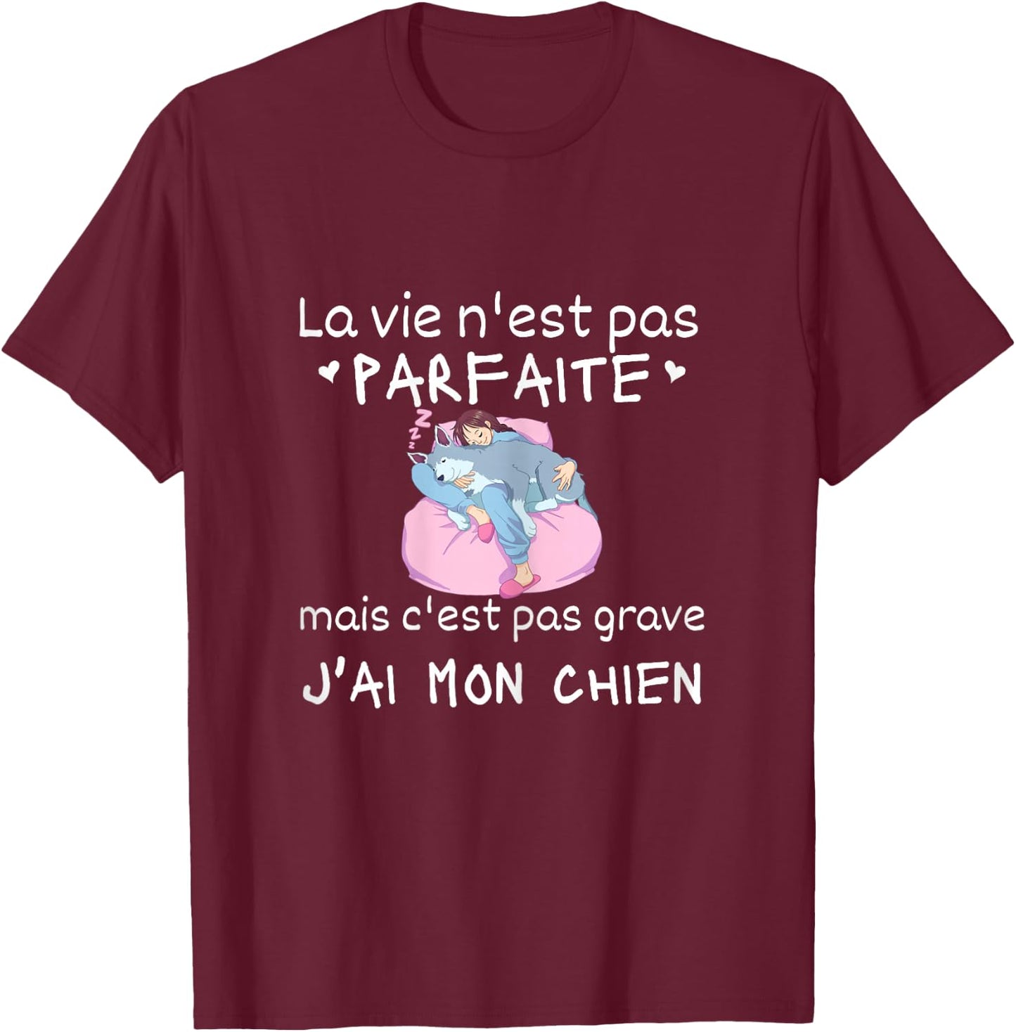 La Vie Nest Pas Parfait Gift Women's Pyjamas Dog Humour , Black T-Shirt - T-Shirt | Maroon