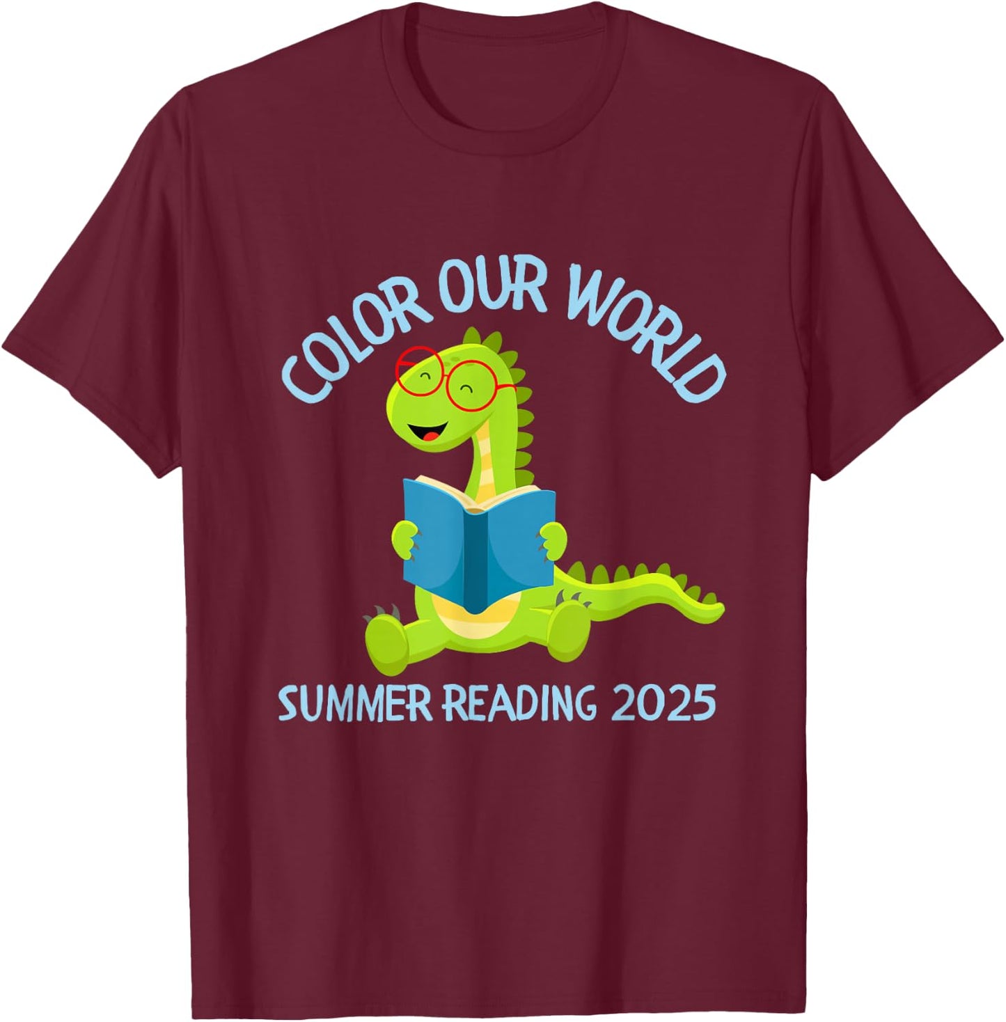 Color Our World Summer 2025 Reading Program Dinosaur T-Shirt - T-Shirt | Maroon