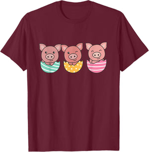 Happy Easter Cute Pig At Easter With Easter Eggs T-Shirt - T-Shirt | Maroon