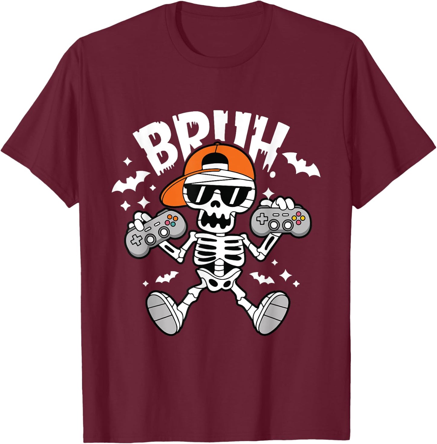 Halloween Skeleton Gamer Video Gaming Boys Men Kids Teens T-Shirt - T-Shirt | Maroon