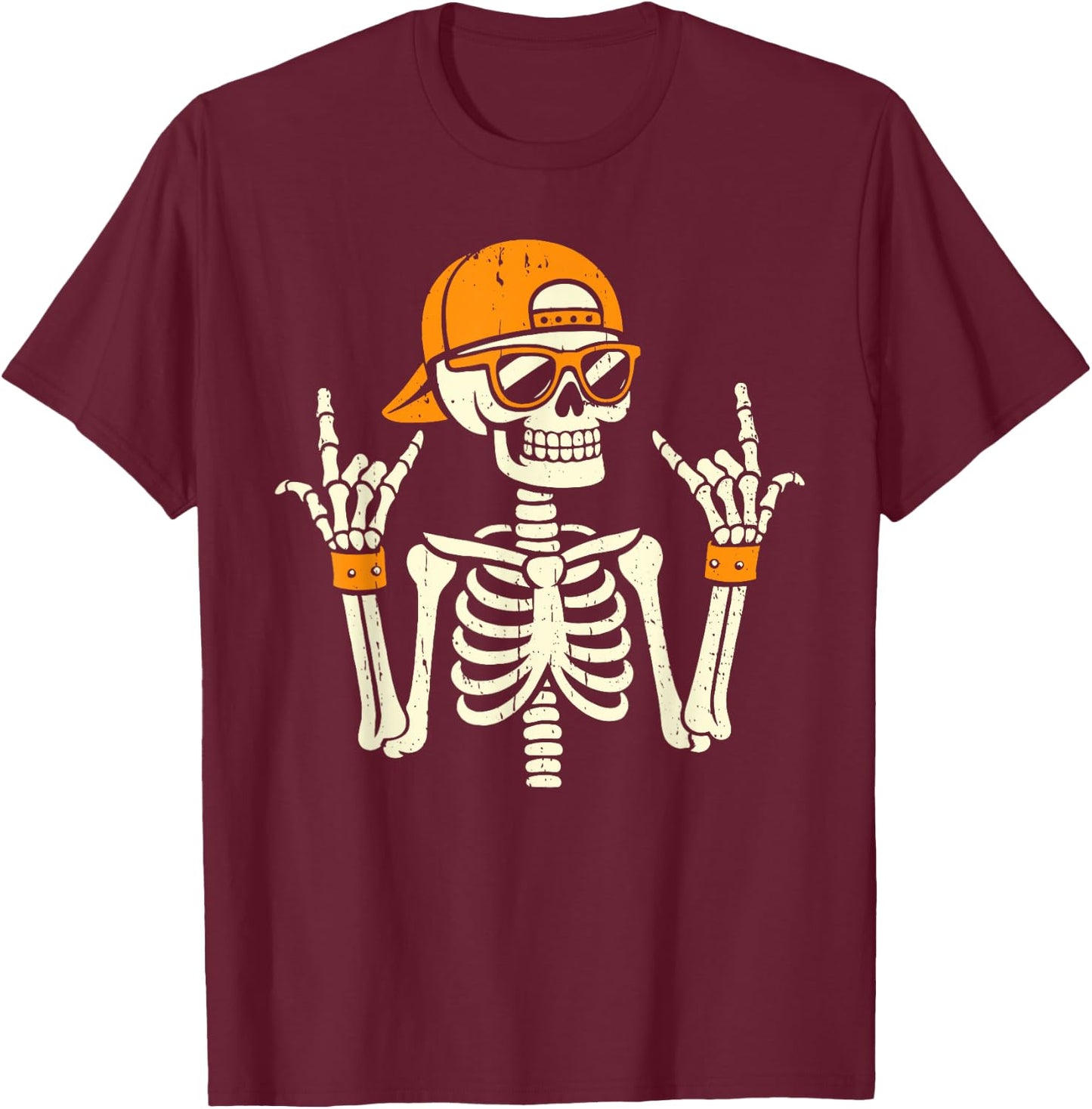 Rocker Skeleton Cap Skater Cool Halloween Punk Rock Men Boys T-Shirt - T-Shirt | Maroon