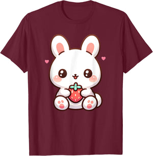 Cute Bunny Rabbit Eating Strawberry Tween Girls Graphic T-Shirt - T-Shirt | Maroon