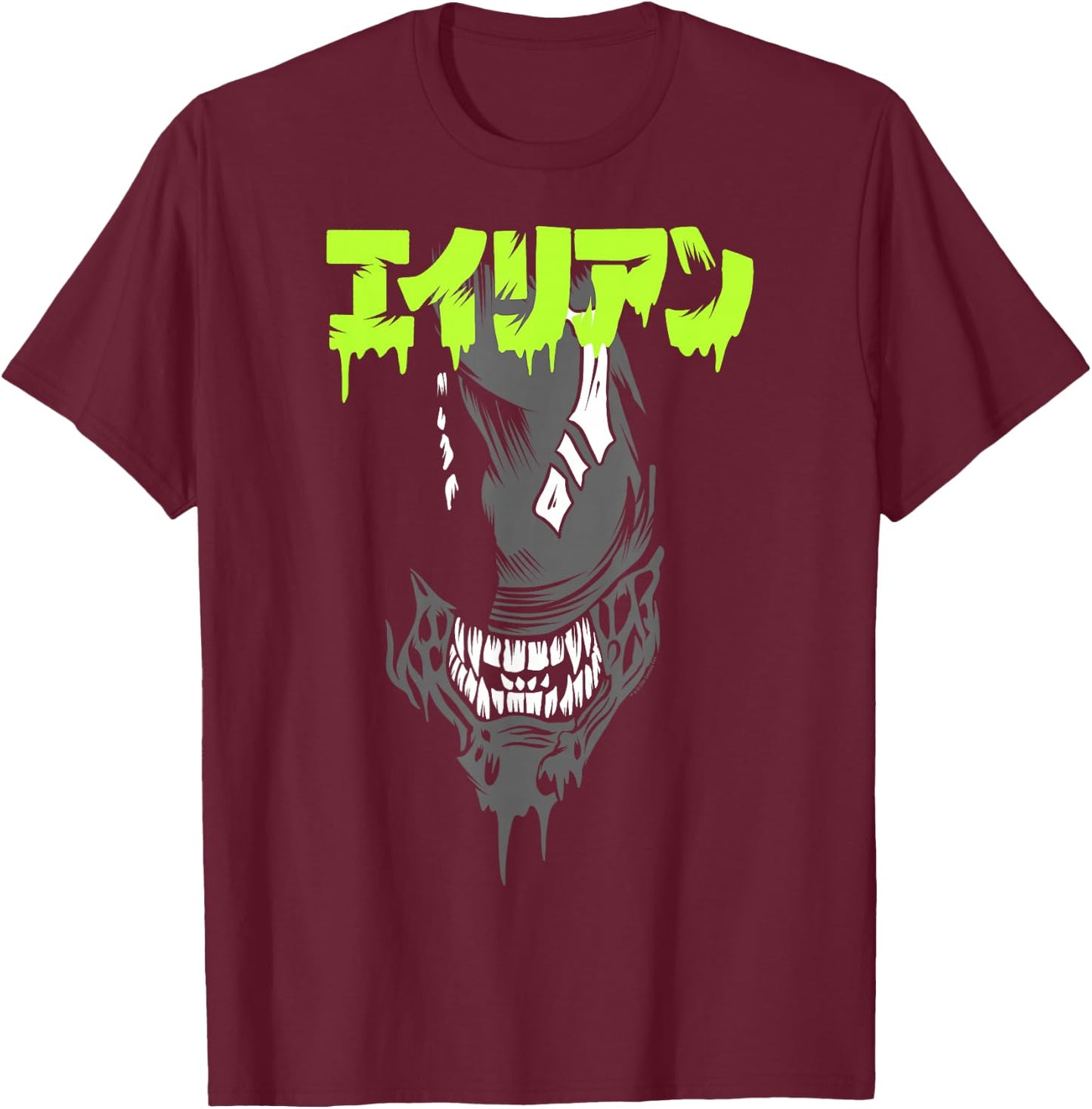 Aliens Iconic Xenomorph Big Angry Face Kanji Style Big Logo T-Shirt - T-Shirt | Maroon
