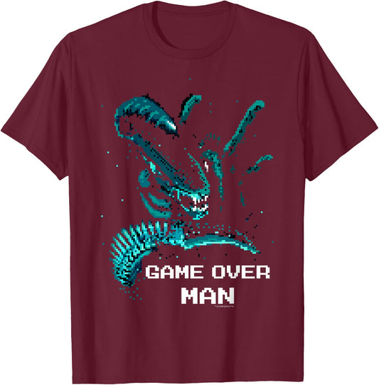 Aliens Iconic Xenomorph Game Over Man Pixelated Style Logo T-Shirt - T-Shirt | Maroon