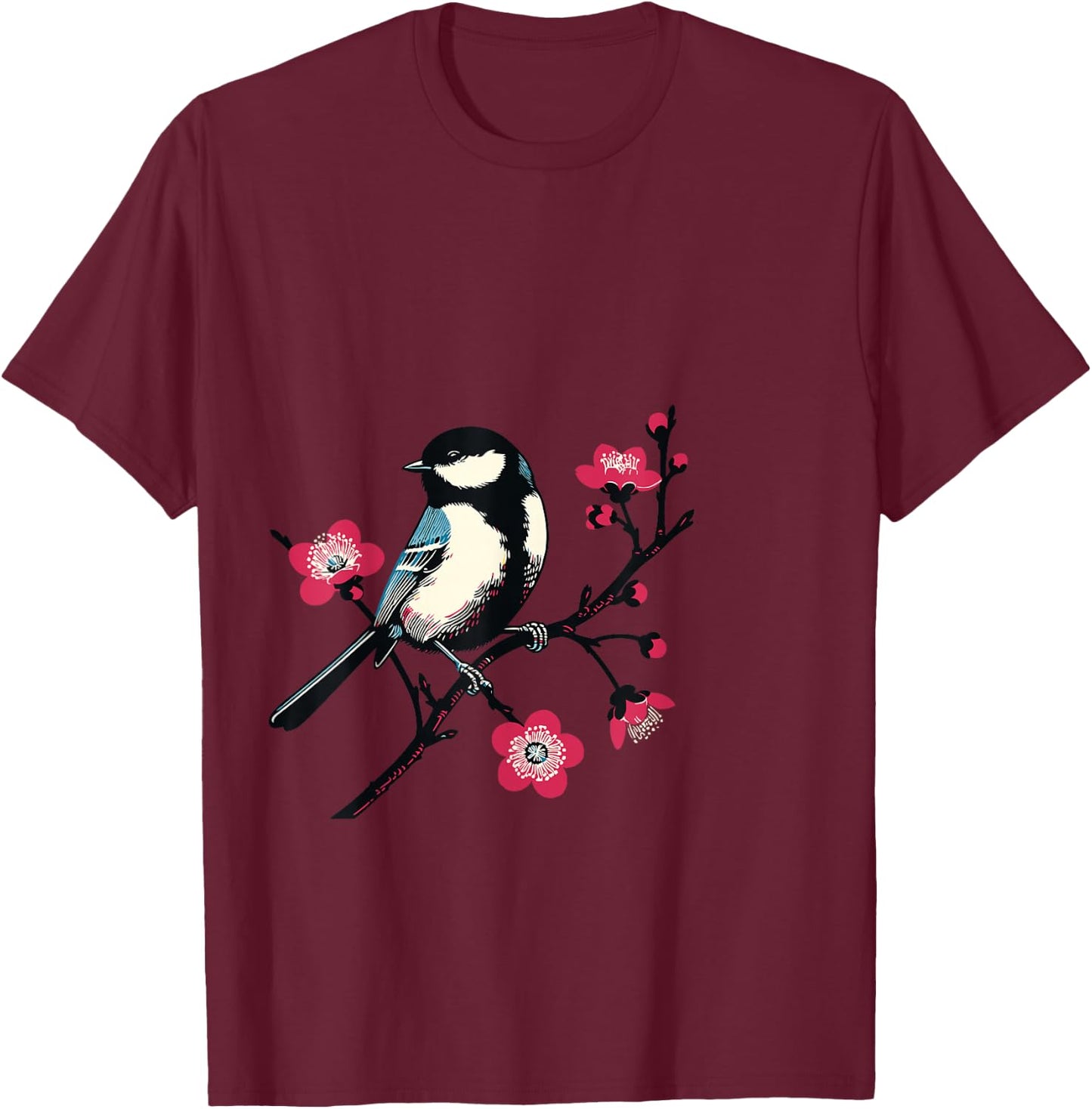 Bird on Branch with Flowers Nature Art for Bird Lovers , Blue, S T-Shirt - T-Shirt | Maroon