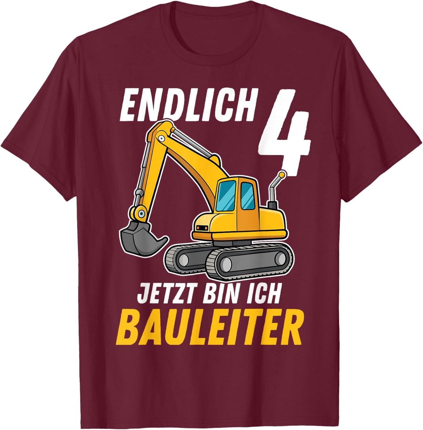 Children's 4th Birthday Boy Decoration Digger Birthday 4 Years , black T-Shirt - T-Shirt | Maroon