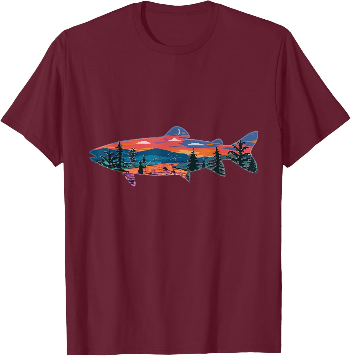 Trout Silhouette Fly Fishing Mountain Sunset River Stream T-Shirt - T-Shirt | Maroon