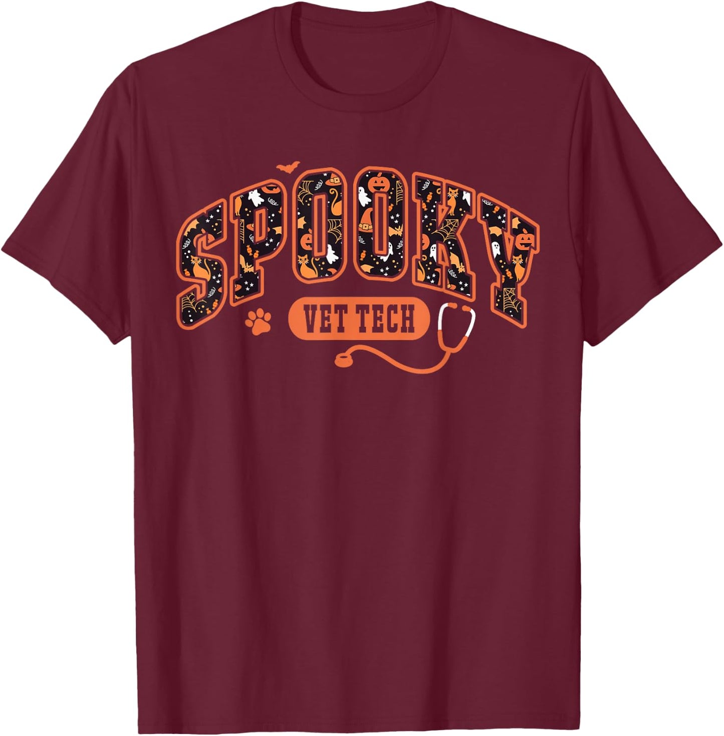 Spooky Vet Tech Veterinarian Halloween Veterinary Dog Paw T-Shirt - T-Shirt | Maroon