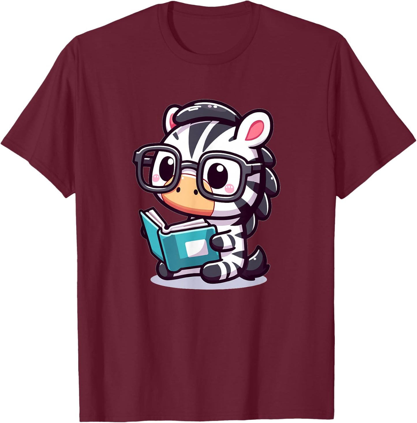 Adorable Book Lover Zebra With Reading Glasses Cute T-Shirt - T-Shirt | Maroon