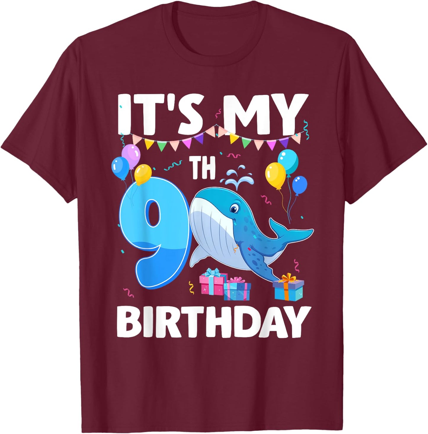 It's My 9th Birthday Whale Theme 9 Year Old Bday Party T-Shirt - T-Shirt | Maroon