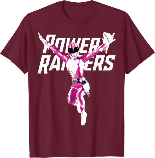 Power Rangers Pink Ranger Karate Action Pose Logo Small T-Shirt - T-Shirt | Maroon