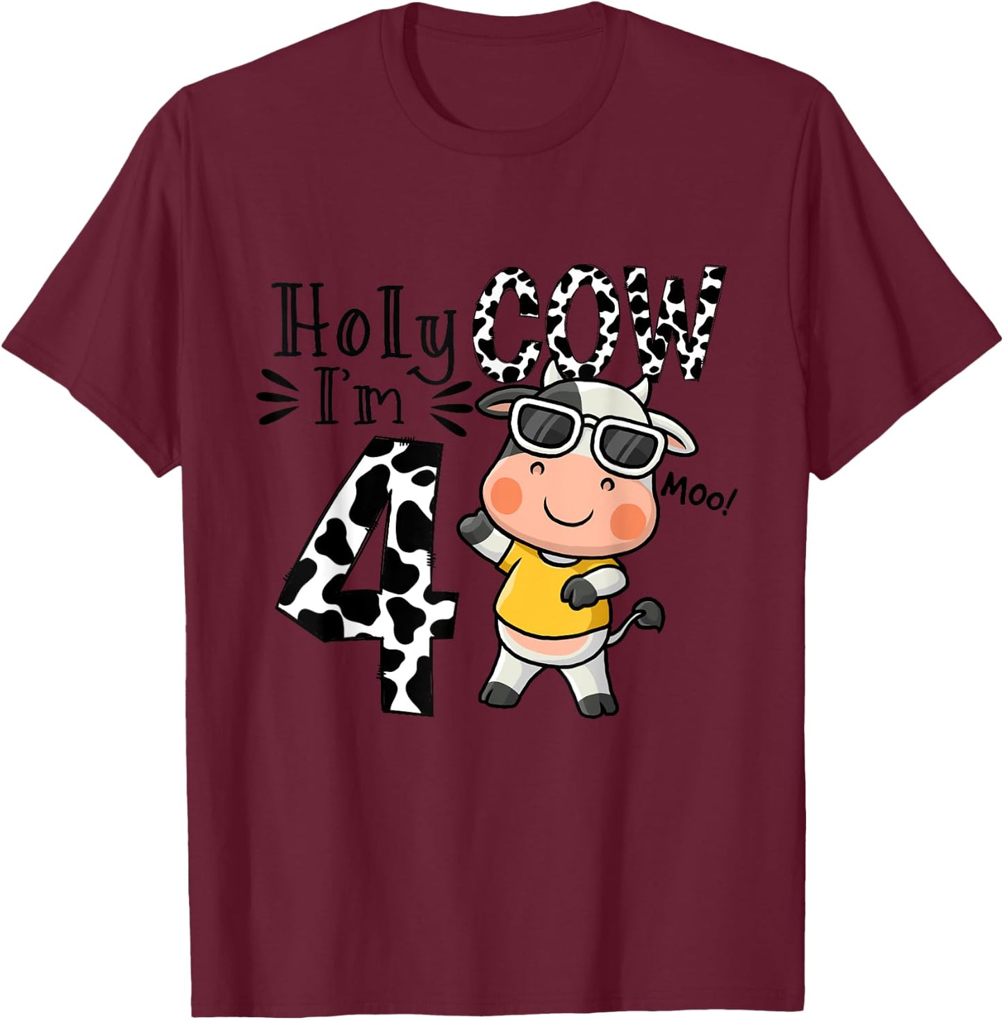 Cute 4th Cow Farm Animals Bday Holy Cow I'm 4 Birthday Boy T-Shirt - T-Shirt | Maroon