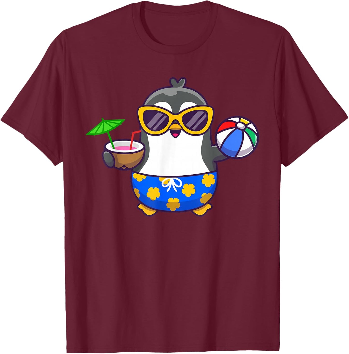 Funny Penguin Hawaiian Funny Aloha Penguin Drinking Coconut T-Shirt - T-Shirt | Maroon