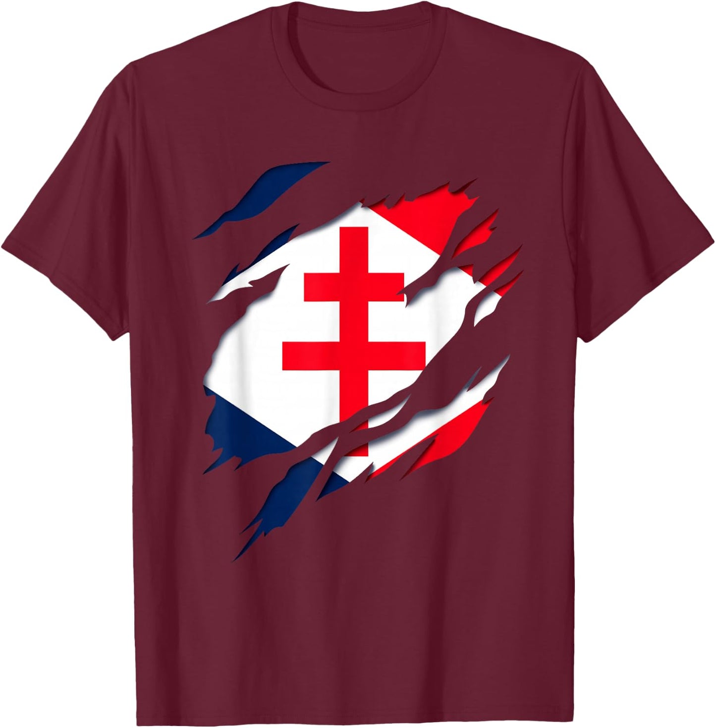 Gaullism Flag Cross of Lorraine Torn 3D Effect France , Black, S T-Shirt - T-Shirt | Maroon