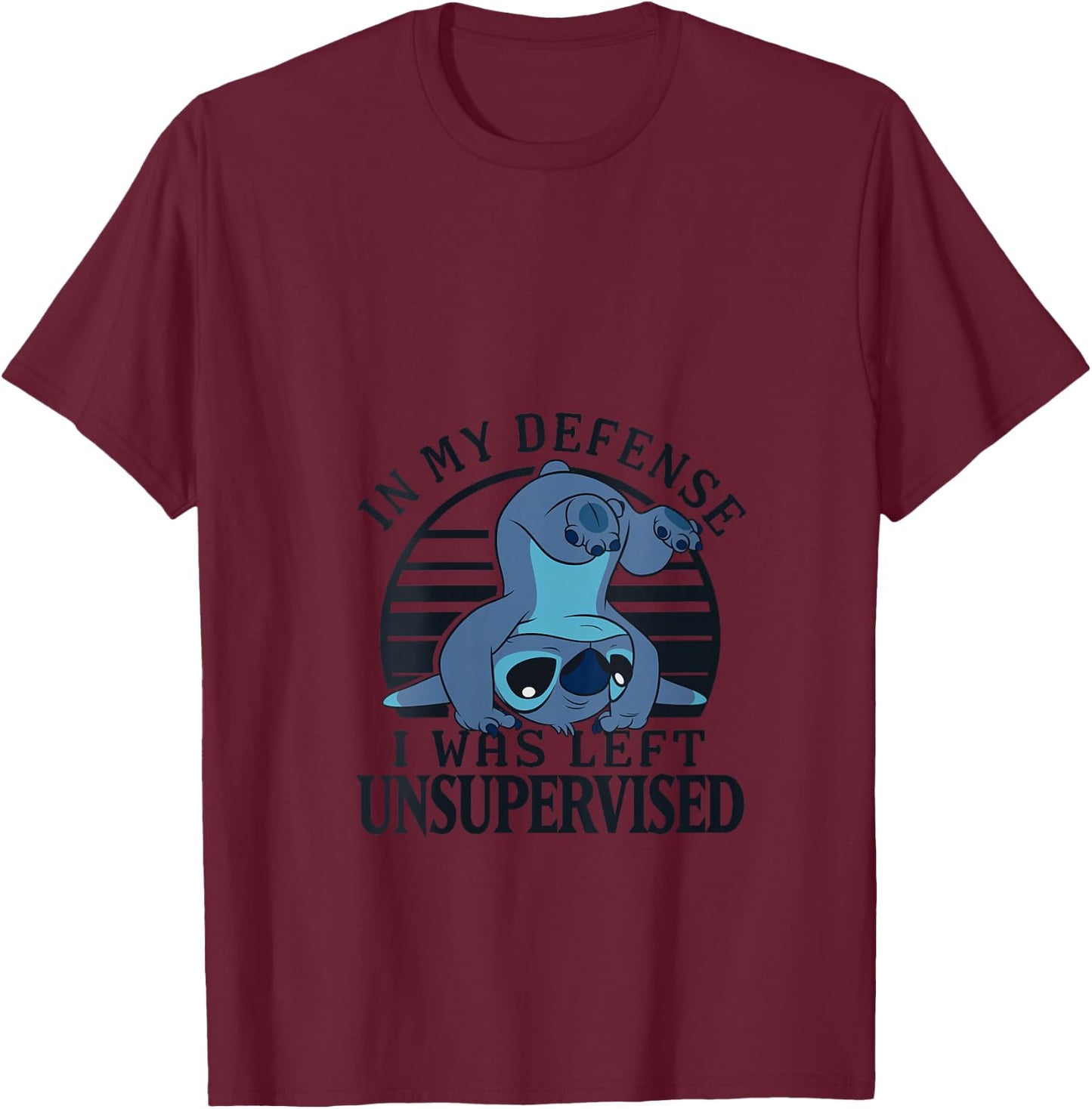 Disney Lilo & Stitch I Was Left Unsupervised Retro Stripes V-Neck T-Shirt - T-Shirt | Maroon