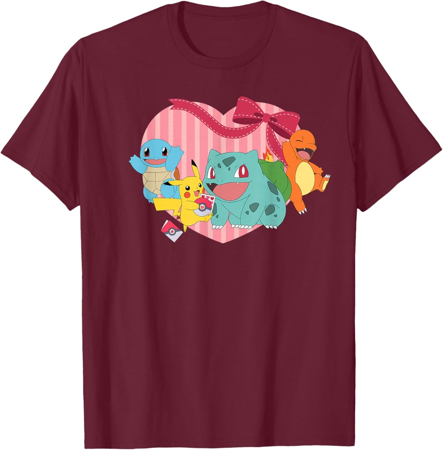 Pokémon - Valentine Pikachu Charmander Squirtle Bulbasaur T-Shirt - T-Shirt | Maroon
