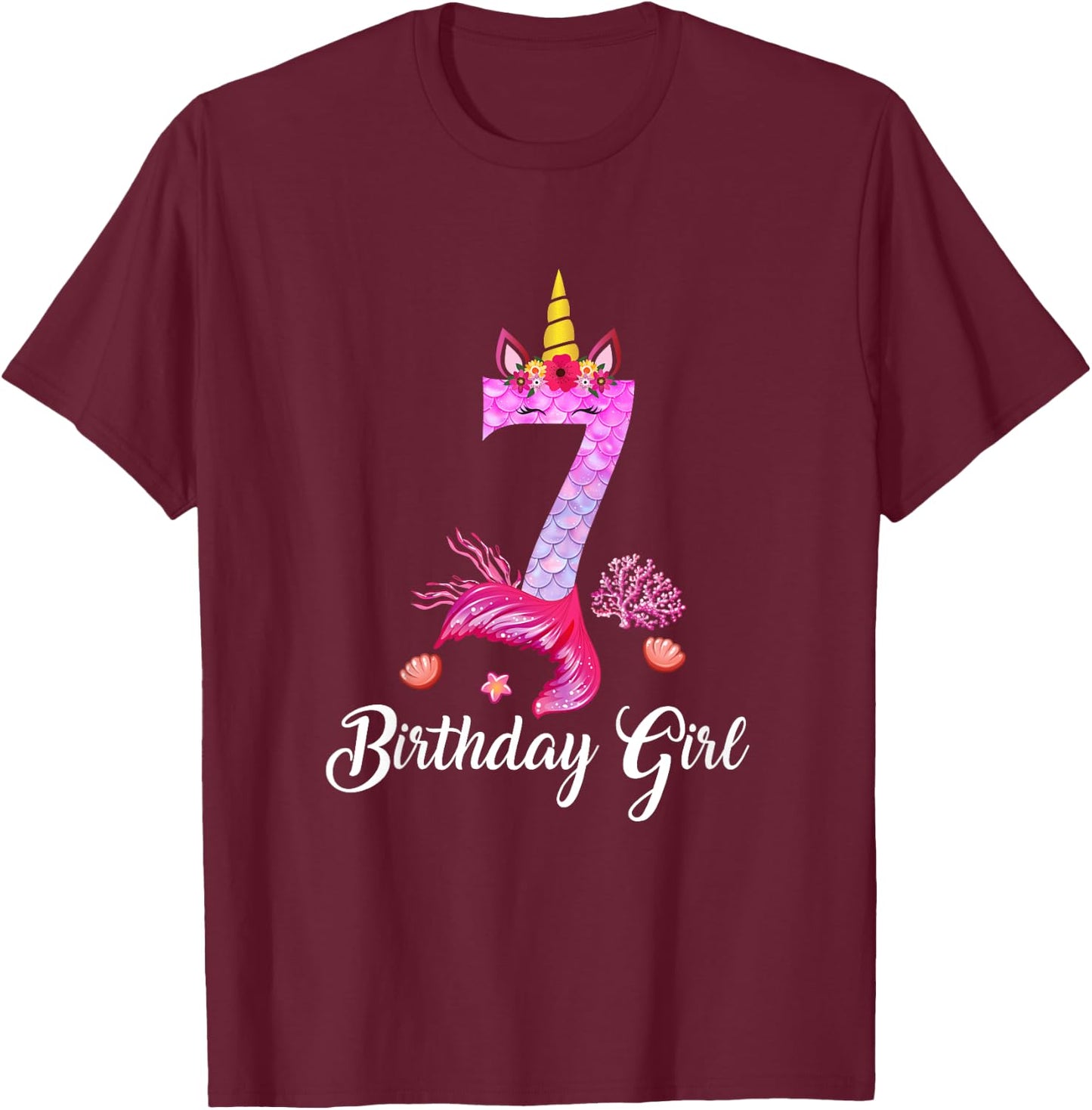 7th Mermaid Tail Shirt Unicorn Number 7 Years Old Birthday T-Shirt - T-Shirt | Maroon