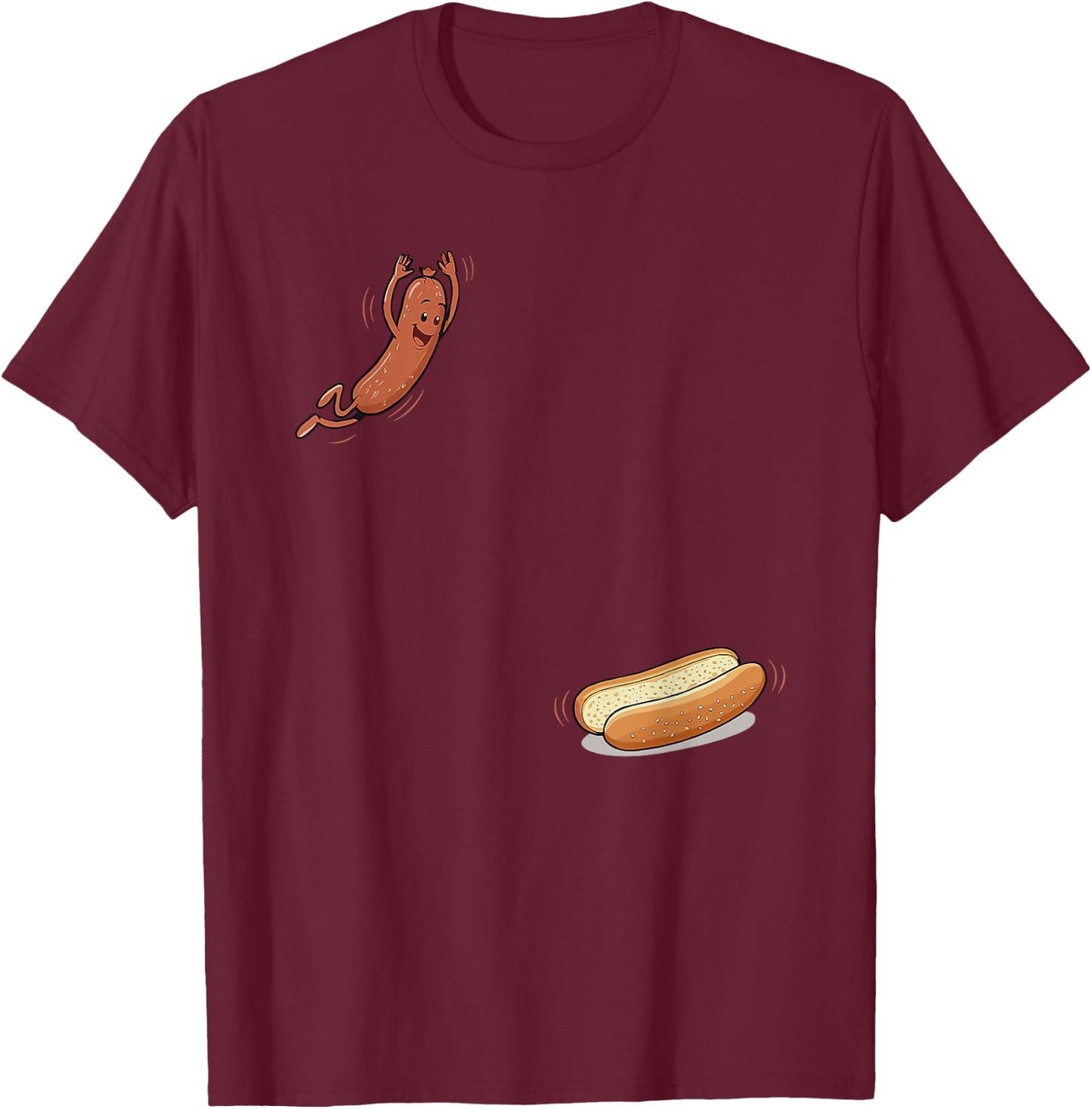hot Dog Jumping into bun T-Shirt - T-Shirt | Maroon
