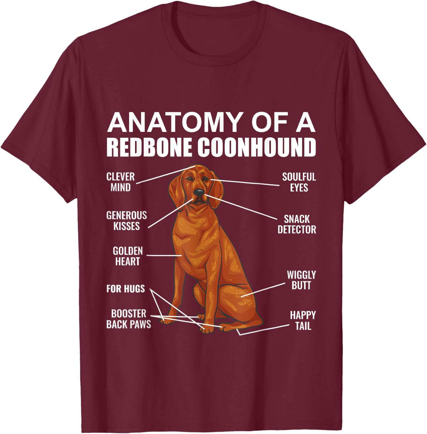 Redbone Coonhound, Anatomy Of A Redbone Coonhound , Black T-Shirt - T-Shirt | Maroon