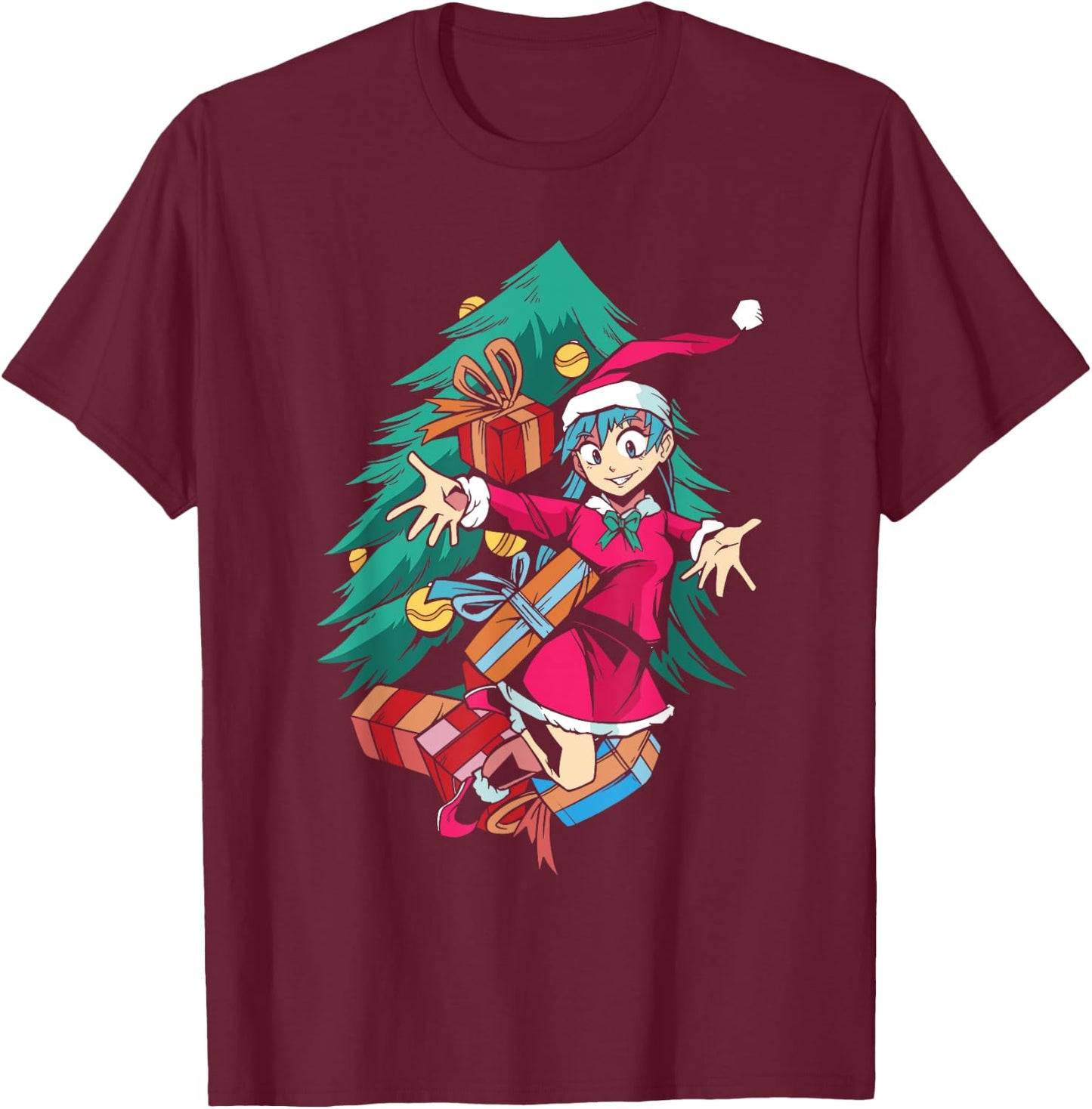 Anime Girl Santa Hat Christmas Pajama Cute Kawaii Xmas Otaku T-Shirt - T-Shirt | Maroon