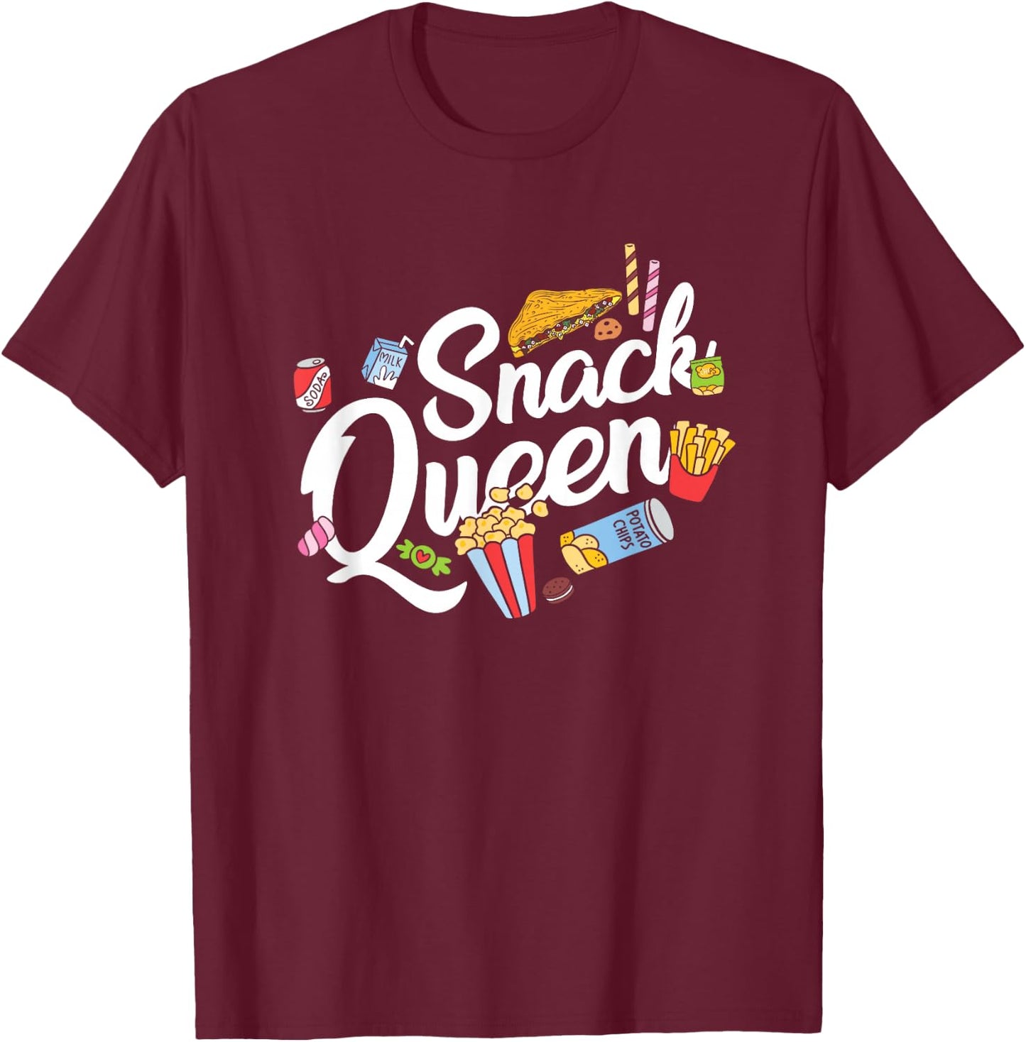 Funny Snack Lover Designs Girls Snack Queen T-Shirt - T-Shirt | Maroon