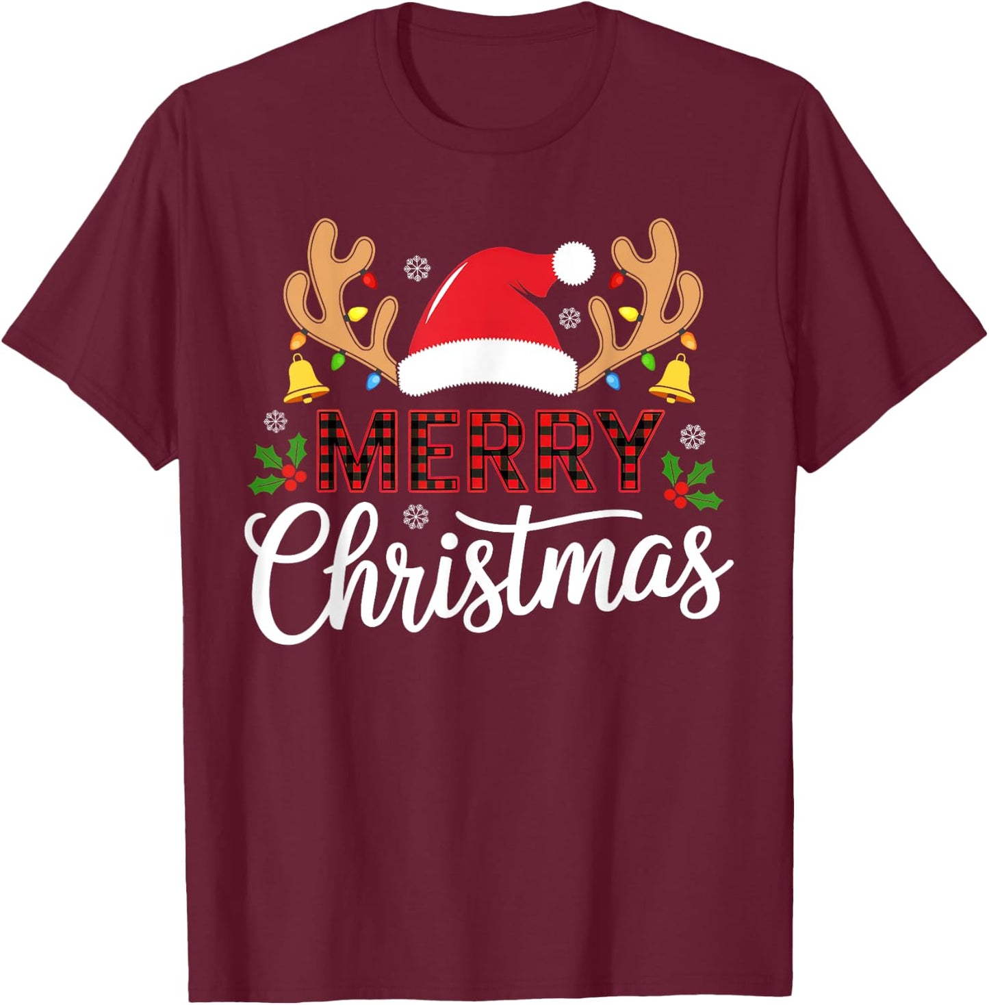 Merry Christmas Buffalo Plaid Funny Xmas Men Women Family T-Shirt - T-Shirt | Maroon