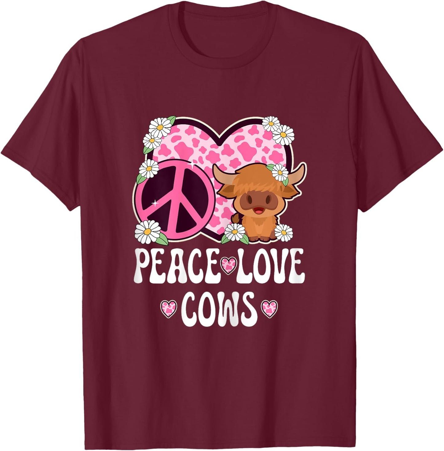 Peace Love Cows Women Cow Print Cute Cow Girls Cow Lover Cow T-Shirt - T-Shirt | Maroon