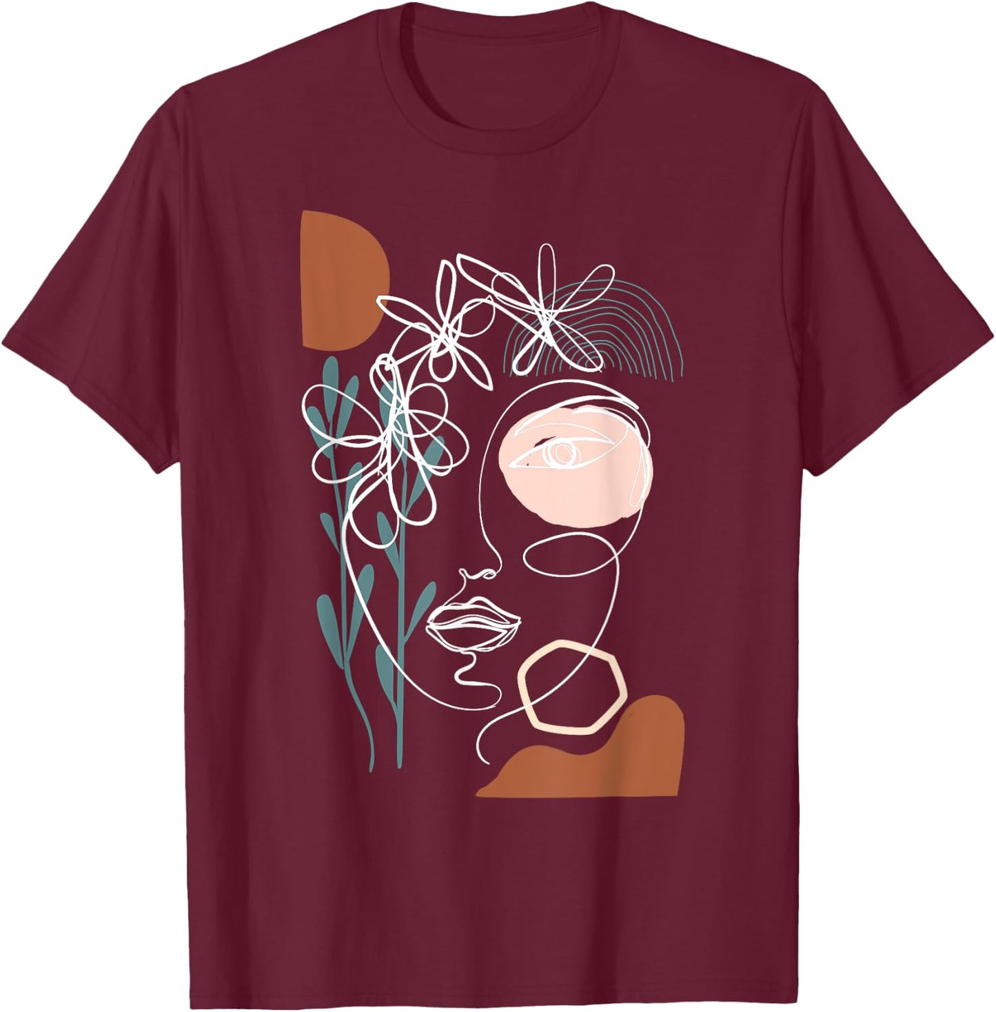Line Art Face Abstract Art One Line Minimal T-Shirt - T-Shirt | Maroon