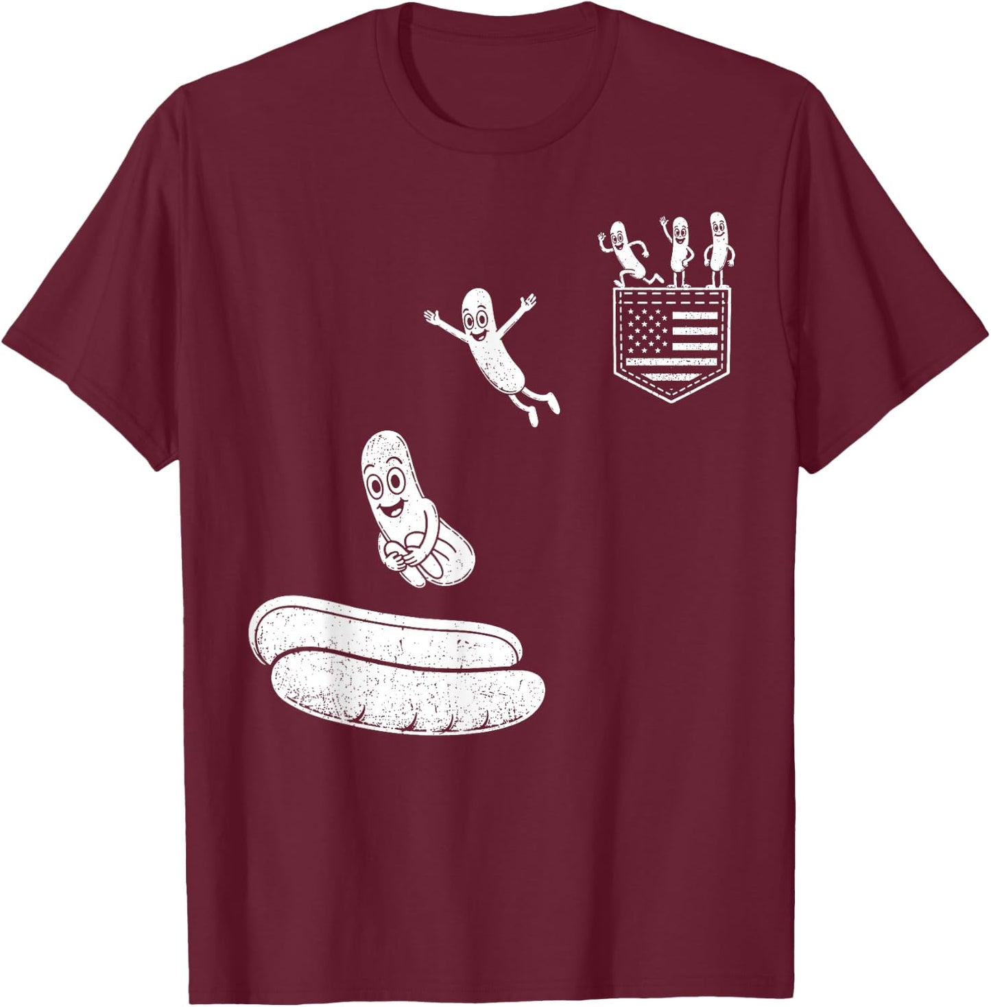 Funny 4th of July Patriotic Hot-Dog BBQ Flying into Bun 250 T-Shirt - T-Shirt | Maroon