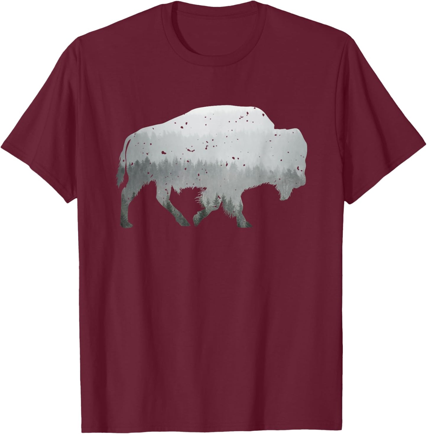 Buffalo Shaped Mountain Wildlife Wilderness Forest Mist T-Shirt - T-Shirt | Maroon